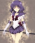  arms_at_sides back_bow bad_id bad_pixiv_id bishoujo_senshi_sailor_moon bow brooch brown_bow choker earrings gloves holding holding_staff jewelry magical_girl pleated_skirt purple_eyes purple_hair purple_sailor_collar purple_skirt ribbon sailor_collar sailor_saturn sailor_senshi_uniform short_hair shuu_(shu-nm) skirt smile solo staff star star_choker tiara tomoe_hotaru white_gloves 