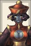  blue_skin breasts chinese_clothes cleavage cleavage_cutout hat jiangshi kate_niemczyk large_breasts lei_lei purple_hair smile solo vampire_(game) yellow_eyes 
