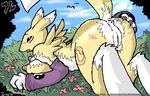  2005 anus ass_up blush breasts butt canine claws digimon digitigrade female fox gloves grass green_eyes looking_at_viewer on_front pussy raised_tail renamon solo tail wide_hips yellow zidanerfox 
