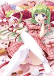  alternate_costume argyle blue_eyes candy checkerboard_cookie cookie food frog gift green_hair hair_ornament heart highres knees_together_feet_apart kochiya_sanae lollipop long_hair miyase_mahiro panties ribbon snake solo striped striped_panties swirl_lollipop thighhighs touhou underwear white_legwear 