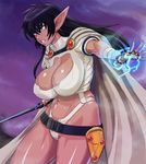  arshes_nei bastard!! belt black_hair blue_eyes breasts cape cleavage dark_skin electricity fingerless_gloves gloves huge_breasts long_hair loose_belt navel pointy_ears solo sword usatarou weapon 