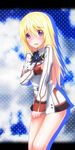  blonde_hair charlotte_dunois covering covering_breasts embarrassed highres infinite_stratos koumo long_hair purple_eyes skirt skirt_tug solo uniform wavy_mouth 