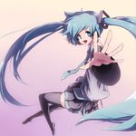  aqua_eyes aqua_hair detached_sleeves foreshortening hatsune_miku headphones headset highres long_hair open_mouth skirt smile solo takunama thighhighs twintails very_long_hair vocaloid zettai_ryouiki 