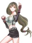  belt breasts brown_eyes brown_hair earrings elbow_gloves female final_fantasy final_fantasy_vii fingerless_gloves gloves highres jewelry long_hair midriff miniskirt plumsyrup simple_background skirt solo suspenders tank_top tanktop tifa_lockhart white_background 