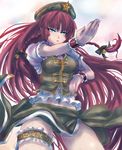  bell beret blue_eyes bow braid china_dress chinese_clothes dress fighting_stance hair_bow hair_ornament hat highres hong_meiling leg_garter long_hair midriff navel panzer red_hair solo thighs touhou very_long_hair wrist_cuffs 