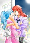  1boy 1girl absurdres blue_hair botan_(yu_yu_hakusho) botan_(yuu_yuu_hakusho) bubble couple dress_shirt female green_eyes highres japanese_clothes kimono kottonn12 kurama long_hair male moon necktie night pink_eyes ponytail purple_shirt red_hair shirt yu_yu_hakusho yuu_yuu_hakusho 