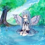  amakaze_sora blue_hair dress horn long_hair nature pixiv_fantasia pixiv_fantasia_5 red_eyes sitting solo tree water wings 