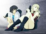  2girls black_hair blonde_hair blue_eyes boots brown_eyes brown_hair feet footwear gun handgun jacket legs long_hair looking_away mireille_bouquet multiple_girls noir official_art parka red_eyes serious shadow shoes short_hair sitting skirt sleeveless sleeveless_turtleneck socks tank_top thighs turtleneck wallpaper weapon yuumura_kirika 