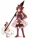  bad_id bad_pixiv_id bare_shoulders black_legwear boots brown_eyes bubble_blowing chewing_gum detached_sleeves hand_on_hip jiima kyubey long_hair magical_girl mahou_shoujo_madoka_magica polearm ponytail red_hair sakura_kyouko simple_background spear standing thighhighs translated weapon 