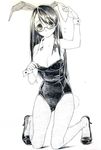  animal_ears bare_shoulders blush bolze breasts bunny_ears bunny_girl bunny_tail bunnysuit cleavage glasses greyscale high_heels kneeling large_breasts long_hair monochrome original pantyhose shoes solo tail wrist_cuffs 