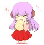  :d barefoot chibi closed_eyes cream_puff detached_sleeves food hakama hanyuu happy heart higurashi_no_naku_koro_ni horns japanese_clothes miko open_mouth purple_hair red_hakama rei_(tonbo0430) smile solo 