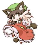  :3 animal_ears brown_eyes brown_hair cat_ears cat_tail chen dress earrings fang fingernails hat jewelry long_fingernails lowres multiple_tails natsue red_dress solo tail touhou 