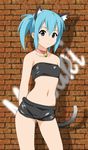  animal_ears bare_shoulders bell bell_collar blue_eyes blue_hair cat_ears cat_tail catgirl collar female flat_chest fukuoka_katsumi glasses jingle_bell long_hair midriff misaki_(fukuoka_katsumi) navel original short_shorts shorts solo strapless tail tube_top tubetop 