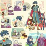  1girl armor black_hair blonde_hair blue_eyes blue_hair blush cape earrings elbow_gloves eudes_(fire_emblem) falchion_(fire_emblem) fire_emblem fire_emblem:_kakusei fire_emblem:_monshou_no_nazo gloves jewelry long_hair lucina marth multiple_boys nintendo nosema open_mouth short_hair smile sword weapon younger 