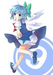  1girl absurdres bloomers blue_eyes blue_hair blush bow cirno dress dress_flip from_behind hair_bow highres mauve open_mouth short_hair skirt skirt_tug solo touhou underwear wings 