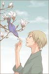  bad_id bad_pixiv_id bird bird_feeding branch brown_eyes brown_hair day feeding flower from_side japanese_clothes magnolia male_focus natsume_takashi natsume_yuujinchou rihara sky solo upper_body 