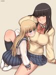  ayaka_(zenkou) black_hair blonde_hair blush brown_eyes dated long_hair looking_at_viewer multiple_girls original school_uniform serafuku sofia_(zenkou) sweater yuri zenkou 