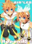 1girl aqua_eyes bad_id bad_pixiv_id bare_shoulders blonde_hair blush brother_and_sister detached_sleeves from_above geji_(rodents) hair_ornament hair_ribbon hairclip hands_on_hips headphones highres kagamine_len kagamine_len_(append) kagamine_rin kagamine_rin_(append) leg_warmers looking_up nail_polish navel open_mouth popped_collar ribbon short_hair shorts siblings smile twins vocaloid vocaloid_append 