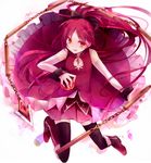  apple bare_shoulders boots chain food fruit full_body ibara_riato jewelry magical_girl mahou_shoujo_madoka_magica pendant polearm ponytail reaching red_eyes red_hair sakura_kyouko simple_background solo spear thighhighs tongue weapon 