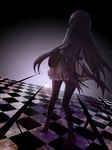  akemi_homura argyle argyle_legwear black_hair black_legwear checkered checkered_floor from_behind high_heels highres long_hair magical_girl mahou_shoujo_madoka_magica misu_kasumi pantyhose pleated_skirt ribbon shield shoes skirt solo very_long_hair 