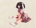 animal_ears black_hair bunny_ears bunny_tail carrot dress face feet hands inaba_tewi jewelry pendant purple_hair red_eyes short_hair sitting smile socks solo striped striped_background tail touhou white_legwear wtuw 