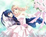  1girl blonde_hair blue_eyes blue_hair bouquet brown_eyes carrying couple dress elbow_gloves flower gloves hetero kunimoto_ori long_hair macross macross_frontier princess_carry rose saotome_alto sheryl_nome wedding_dress white_flower white_rose 