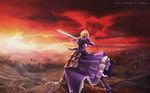  armor artoria_pendragon_(all) battle battlefield blonde_hair fate/stay_night fate_(series) from_behind hair_bun highres red_sky saber sky solo standing sword ushas weapon 