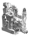  bdsm black_and_white bondage breasts chain collar dragon female human male monochrome nude red_eyes scalie slave solidasp straight throne 