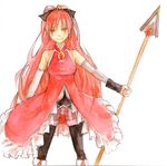  bad_id bad_pixiv_id bare_shoulders black_legwear boots bow detached_sleeves hair_bow long_hair magical_girl mahou_shoujo_madoka_magica polearm ponytail red_eyes red_hair sakura_kyouko solo spear thighhighs traditional_media watercolor_(medium) weapon ynoki 