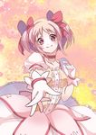  bad_id bad_pixiv_id bubble_skirt dress foreshortening gloves kaname_madoka magical_girl mahou_shoujo_madoka_magica outstretched_arm outstretched_hand pink_eyes pink_hair short_hair short_twintails skirt smile solo takumi_(scya) twintails 