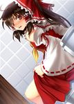  bad_id bad_pixiv_id blush bow detached_sleeves hair_bow hakurei_reimu irua looking_back red_eyes skirt_up solo toilet toilet_use touhou 