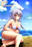  2010 barefoot bikini blush breasts cleavage feet frey large_breasts lyrical_nanoha mahou_shoujo_lyrical_nanoha mahou_shoujo_lyrical_nanoha_a's red_eyes reinforce silver_hair single_hair_intake smile string_bikini swimsuit 