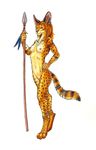  anklet breasts chewtoy claws digitigrade ear_piercing earring feathers female green_eyes hunter navel necklace nipples nude orange orange_hair piercing polearm pussy serval solo spear spots standing tail tribal weapon 