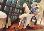  blonde_hair boots brown_eyes chair cross-laced_footwear dacho dutch_angle knee_up lace-up_boots legs long_hair long_legs no_hat no_headwear sitting solo tabard table thighs touhou trigram yakumo_yukari 