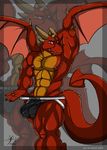  aaron bulge claws dragon fangs grin horns jockstrap looking_at_viewer male muscles presenting red red_eyes reptile scalie skimpy solo spikes standing tail underwear undressing wings 
