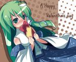  bad_id bad_pixiv_id covering_mouth detached_sleeves frog gift green_eyes green_hair hair_ornament happy_valentine holding holding_gift kochiya_sanae long_hair naotaka snake solo touhou valentine 