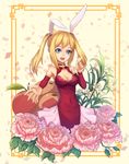  aizawa_hikaru animal_ears bare_shoulders blonde_hair blue_eyes bunny_ears china_dress chinese_clothes cleavage_cutout detached_sleeves dress flower highres jun_(goodgun7) microsoft new_year open_mouth peony_(flower) silverlight solo twintails 