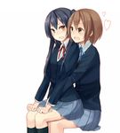  black_hair blazer brown_eyes brown_hair hair_ornament hairclip heart highres hirasawa_yui jacket k-on! kneehighs long_hair multiple_girls nakano_azusa pantyhose school_uniform short_hair sitting sitting_on_lap sitting_on_person skirt twintails wadaka 