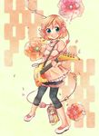  blue_eyes blush cat dress flower guitar hair_ornament instrument open_mouth orange_hair original pants shinryo_rei shinryou_rei short_hair shorts sitting smile solo wire 