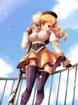  bad_id bad_pixiv_id beret blonde_hair blue_sky breasts cloud corset day drill_hair fingerless_gloves gloves gun hat koflif large_breasts magical_girl magical_musket mahou_shoujo_madoka_magica railing rifle sky smile solo striped striped_legwear thighhighs tomoe_mami twin_drills twintails vertical-striped_legwear vertical_stripes weapon yellow_eyes zettai_ryouiki 