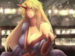  bare_shoulders blonde_hair breasts chain cleavage cuffs horn hoshiguma_yuugi hoshiguma_yuugi_(promo) huge_breasts japanese_clothes kimono long_hair off_shoulder oni pointy_ears red_eyes solo tobisawa touhou upper_body 