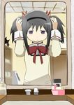  akemi_homura alternate_hairstyle black_hair hair_ribbon hairband kyubey mahou_shoujo_madoka_magica mirror mitakihara_school_uniform purple_eyes ribbon school_uniform shikabane_(abysses) solo twintails 