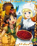  apron autumn berries blonde_hair blue_eyes braid brown_hair caucasian corn food fringe_trim fruit galibo hat headdress indian_corn leaf multiple_girls native_american native_american_headdress ocean original pie pumpkin purple_eyes raspberry ship smile thanksgiving top_hat turkey watercraft 