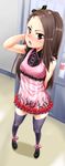  adjusting_hair black_legwear blush bow brown_hair dress foreshortening from_above hairband idolmaster idolmaster_(classic) long_hair mamezou minase_iori open_mouth red_eyes short_dress solo thighhighs 