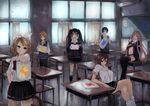  4girls alternate_hair_color black_hair blonde_hair blue_eyes book classroom curtains glasses hatsune_miku headphones kagamine_len kagamine_rin kaito megurine_luka meiko monochro_blue_sky_(vocaloid) multiple_boys multiple_girls painting_(object) pisuke school_uniform sitting thighhighs twintails vocaloid 