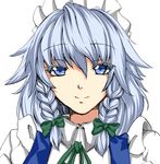  bad_id bad_pixiv_id blue_eyes bow braid closed_mouth hair_bow izayoi_sakuya kamo_(yokaze) maid maid_headdress neck_ribbon portrait ribbon short_hair silver_hair smile solo touhou twin_braids 