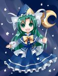  :d bow bowtie capelet chain chibi dress ghost_tail green_eyes green_hair hat highres long_hair mima open_mouth ribbon smile solo staff star sun_(symbol) touhou touhou_(pc-98) uiru wizard_hat 