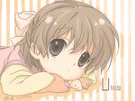  bow brown_eyes brown_hair child clannad hair_bow lilya lowres lying okazaki_ushio on_stomach short_hair solo upper_body 