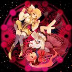  bare_legs blonde_hair boots charlotte_(madoka_magica) doll doll_hug drill_hair long_hair lying magic_circle magical_girl mahou_shoujo_madoka_magica multiple_girls no_hat no_headwear personification pink_hair red_eyes space thighhighs tomoe_mami twin_drills twintails yellow_eyes zeizei zettai_ryouiki 