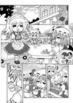  :d apron ascot colonel_aki comic cup dress flandre_scarlet greyscale hat izayoi_sakuya looking_at_viewer maid maid_headdress monochrome multiple_girls open_mouth outdoors patchouli_knowledge puffy_short_sleeves puffy_sleeves remilia_scarlet scarlet_devil_mansion shoes short_hair short_sleeves silent_comic smile socks table talking teacup text_focus touhou 